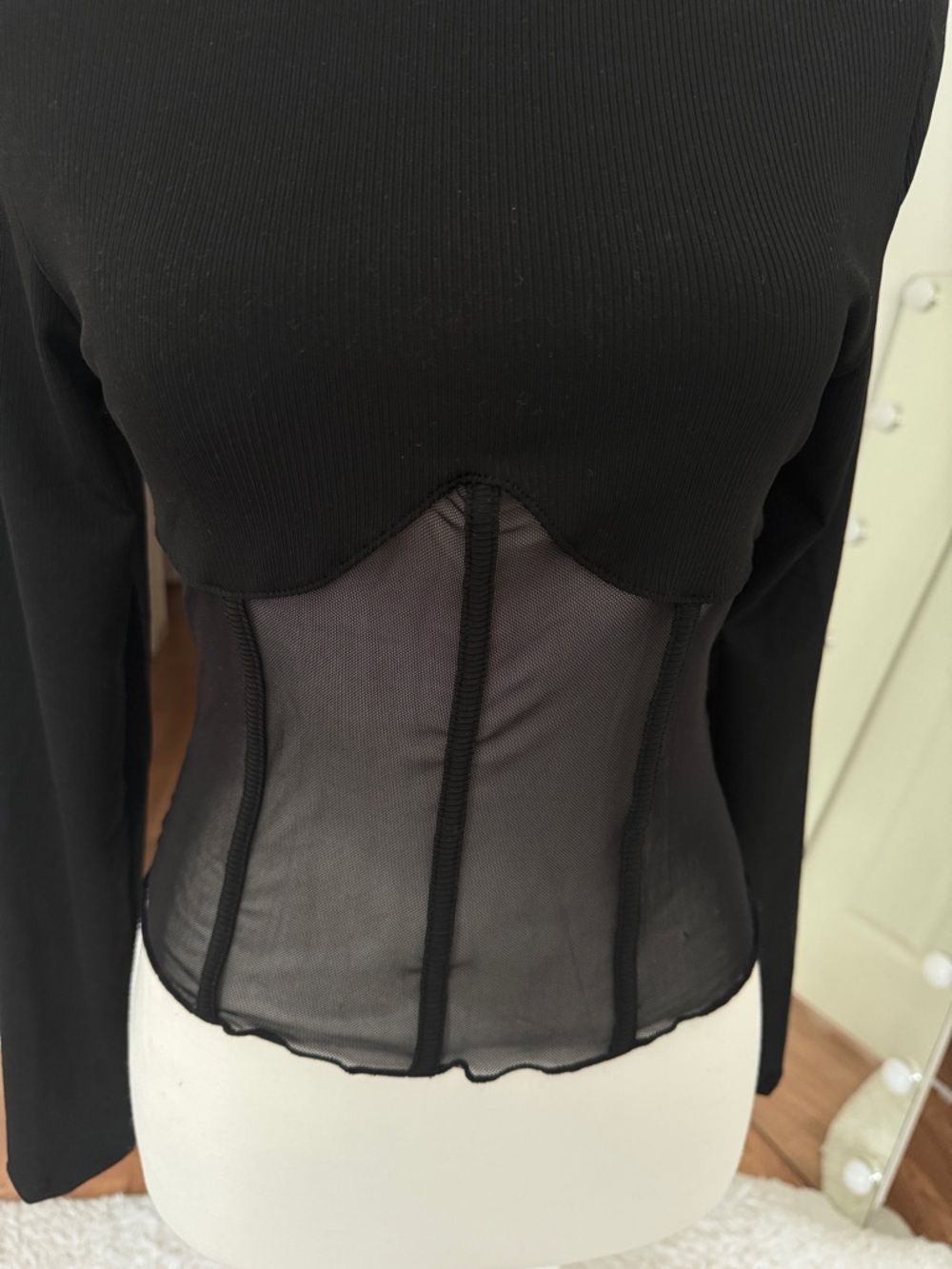 Black Mesh Corset Top Sheer Waist Long Sleeve High Neck Fitted Blouse - Picture 2 of 4